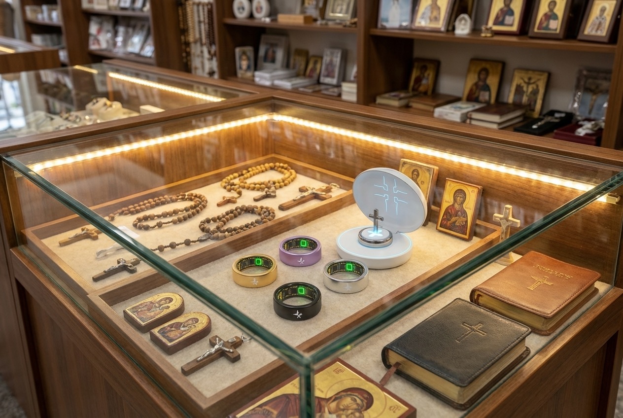 FaithRing Display Case with Smart Rings and Religious Items